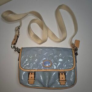 Coach Peyton Sky Blue Patent Leather Signature Embossed Crossbody Messenger Bag